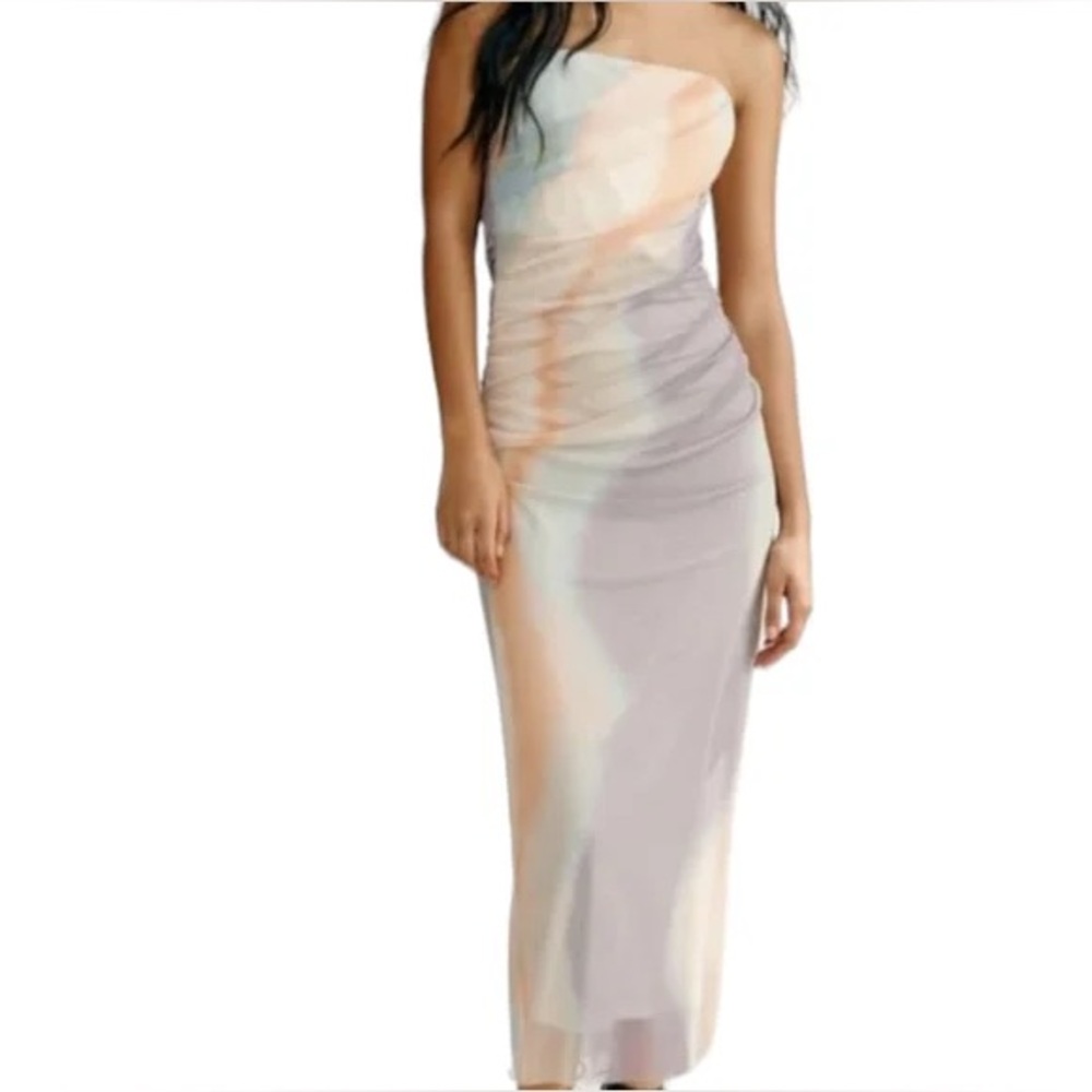 NEW | ZARA STRAPLESS MESH CORSET RUCHED MARBLED TIE DYE PASTEL BOHO MIDI DRESS - Picture 3 of 10